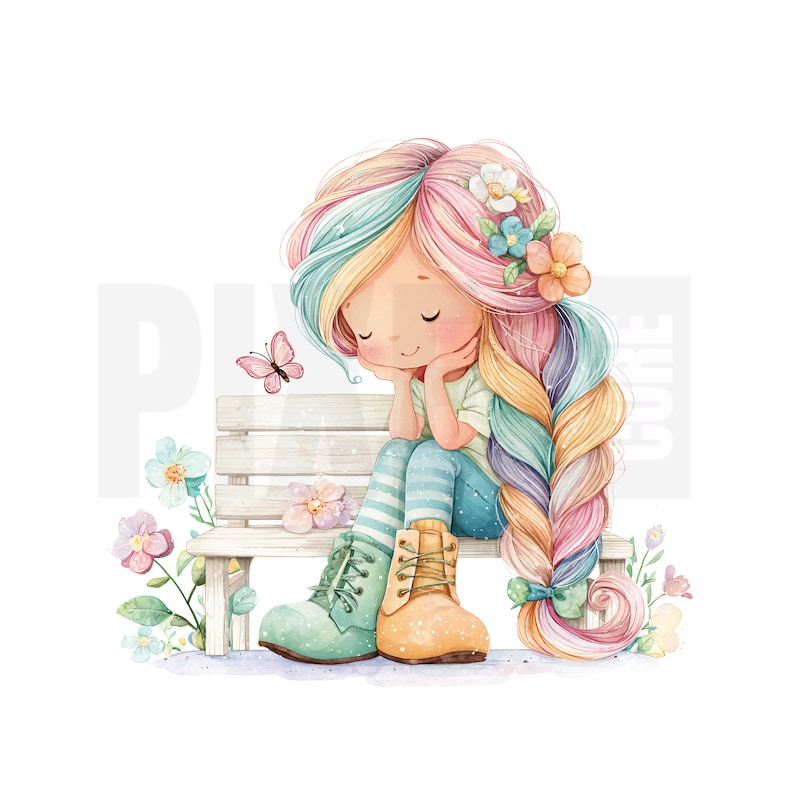 May include: Watercolor illustration of a girl with rainbow hair, sitting on a white bench. She wears a light green shirt, blue jeans, striped socks, and mint green and tan boots. A pink butterfly and flowers surround her.