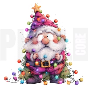 May include: A whimsical illustration of Santa Claus decorated as a Christmas tree. He wears a pink suit, a matching hat with a gold star, and is adorned with colorful Christmas lights. His white beard and surprised expression add to the festive charm.