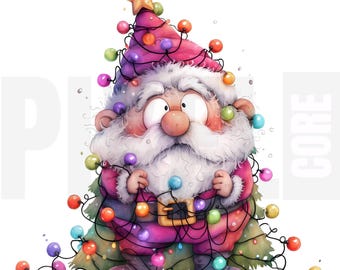 11 PNG, eigenzinnige kerstman kerstboom clipart, grappige kerstman verstrikt in lichten, grillige vakantie kunst, kortstondige, ongewenste dagboek, digitale download