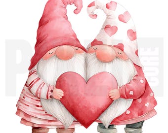 12 imágenes prediseñadas de San Valentín de pareja de gnomos, PNG, arte romántico de acuarela con corazones de enano, creación de tarjetas, scrapbooking, diario basura, descarga digital