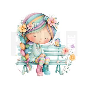 May include: Watercolor illustration of a girl with rainbow hair and a flower crown, sitting on a light blue bench. She wears a mint green dress, striped leggings, and pink and blue boots. A butterfly rests on the bench, with flowers in the background.