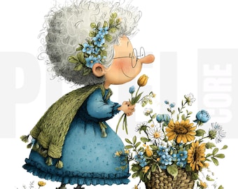 13 Whimsical Grandma Garden Clipart, PNG, Quirky Cartoon Granny with Flowers, Storybook Illustration, Junk Journal, Scrapbooking, Cardmaking