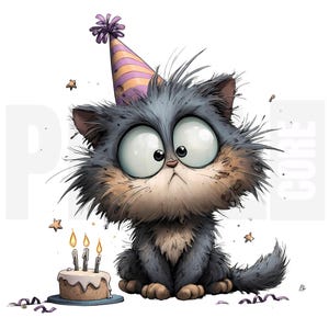 11 Quirky Birthday Cat Clipart, PNG, Cute Cartoon Cat Blowing Cake, Party Kitty Illustration, Junk Journal, Scrapbooking, Digital Download
