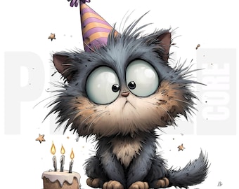 11 Imágenes prediseñadas de gato de cumpleaños peculiares, PNG, lindo gato de dibujos animados soplando pastel, ilustración de gatito de fiesta, diario basura, álbum de recortes, descarga digital
