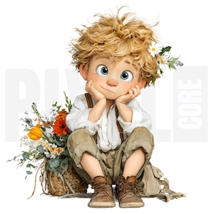 17 Whimsical Boy with Flower Basket Clipart, PNG, Cute Cartoon Boy Basket, Digital Art, Storybook Illustration, Junk Journal, Scrapbooking