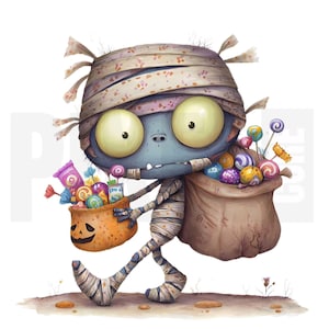 Peut inclure: Un personnage de momie de dessin animé avec de grands yeux jaunes et enveloppé de bandages, portant un seau de lanterne citrouille et un sac en toile rempli de bonbons colorés. La momie marche sur un chemin de terre, parfait pour Halloween.