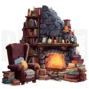 May include: Illustration of a cozy reading nook with a fireplace, armchair, and bookshelves. The fireplace is made of stone, with a warm fire burning inside. A burgundy armchair sits next to the fireplace, with books stacked around it. Bookshelves are filled with books.