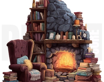 Puede incluir: Ilustración de un rincón de lectura acogedor con chimenea, sillón y estanterías. La chimenea es de piedra, con un fuego cálido en su interior. Un sillón burdeos se encuentra junto a la chimenea, con libros apilados alrededor.