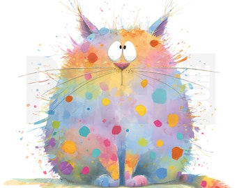 10 grillige kleurrijke kat clipart, png, aquarel verhalenboekstijl, verfspatten kitten, ongewenste dagboek, scrapbooking, digitale download