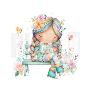 May include: A watercolor illustration of a seated doll with rainbow hair and braids, wearing a mint green pajama set and striped leggings. She sits on a light blue bench surrounded by flowers and butterflies.