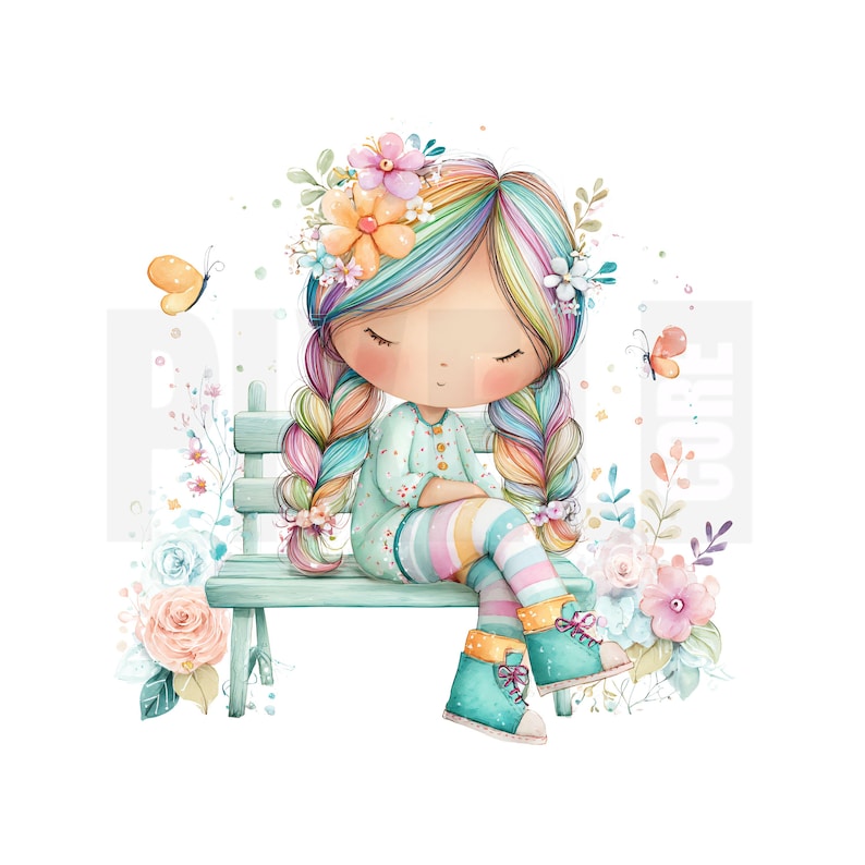 May include: A watercolor illustration of a seated doll with rainbow hair and braids, wearing a mint green pajama set and striped leggings. She sits on a light blue bench surrounded by flowers and butterflies.