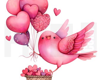 11 imágenes prediseñadas de paloma de San Valentín, PNG, paloma rosa con cesta de corazón, arte de acuarela para San Valentín, manualidades de papel, diario basura, descarga digital