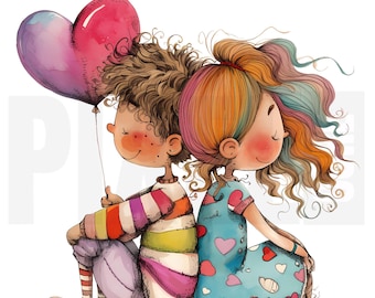 14 imágenes prediseñadas de pareja de San Valentín, PNG, niño y niña con globos de corazón, para hacer tarjetas, álbumes de recortes, manualidades con papel, descarga digital