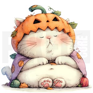 May include: A whimsical illustration of a white cat wearing a carved orange pumpkin on its head. The cat is seated, with its eyes closed and paws resting. It is wearing a purple robe with orange polka dots. Small pumpkins and leaves are scattered around the cat.