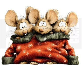 12 Whimsical Christmas Mice Sweater Clipart, PNG, Holiday Mouse Trio, Cozy Holiday Animal Illustration, Card Making, Digital Download