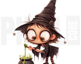12 Ilustrações Divertidas de Menina Bruxa para o Halloween, PNG, Arte Fofa e Caprichosa em Estilo Cartoon, para Diário de Arte, Scrapbook, Artesanato em Papel, Download Digital e Criação de Cartões