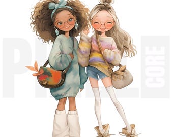 12 imágenes prediseñadas de mejores amigas originales, PNG, mejores amigas a la moda, mejores amigas con estilo, arte de chicas caprichosas, diario creativo, álbum de recortes, descarga digital