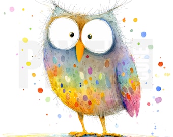 12 imágenes prediseñadas de búhos coloridos y caprichosos, PNG, estilo cuento de hadas en acuarela, pájaro con salpicaduras de pintura, diario creativo, álbum de recortes, manualidades, descarga digital