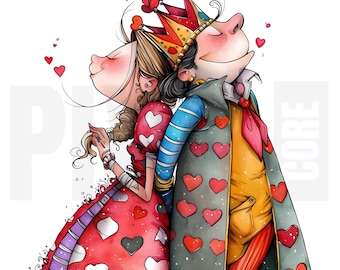 11 imágenes prediseñadas de un rey y una reina de corazones, PNG, arte romántico de San Valentín, creación de tarjetas, diario basura, descarga digital
