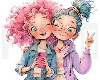 11 schrullig Beste Freunde Clipart, PNG, Besties Mädchen Duo, Freundschaft Illustration, Junk Journal, Scrapbooking, Handwerk, digitaler Download