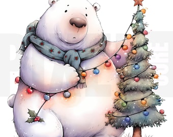 14 peculiares imágenes prediseñadas de osos polares decorando el árbol de Navidad, PNG, arte navideño con animales, diario basura, manualidades de papel, descarga digital, fabricación de tarjetas