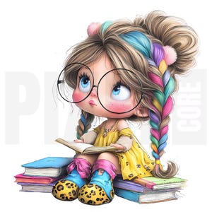 13 Imágenes prediseñadas de una chica peculiar con libros, PNG, gafas grandes, ilustración adorable y caprichosa, diario basura, álbum de recortes, manualidad de papel, descarga digital