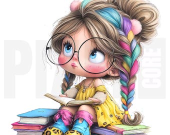 13 imágenes prediseñadas de una chica peculiar con libros, PNG, gafas grandes, ilustración linda y original, para diario creativo, álbum de recortes, manualidades con papel, descarga digital.