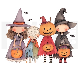 11 imágenes prediseñadas PNG de niños con temática de Halloween, disfraces de niños disfrazados para pedir dulces, cuentos infantiles de terror, tarjetas, álbumes de recortes, descarga digital.