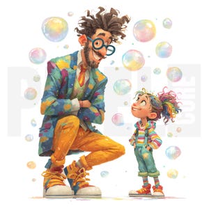 12 imágenes prediseñadas de padre e hija con acuarela, linda ilustración de dibujos animados, diario basura, estilo cuento de hadas, manualidades de papel, PNG, descarga digital