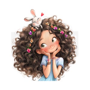 15 Quirky Girl With Rabbit Clipart, Whimsical Cartoon Girl and Bunny ...