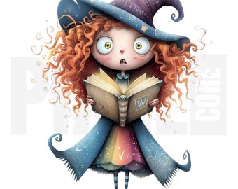 10 Quirky Ginger Witch Clipart, PNG, Cute Watercolor Whimsical Art, Junk Journal, Scrapbook, Paper Craft, Digital Download, Cardmaking