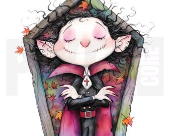 12 peculiares imágenes prediseñadas de vampiros en ataúdes, PNG, dibujos animados de Drácula de Halloween, diario basura, álbum de recortes, manualidades de papel, descarga digital, fabricación de tarjetas