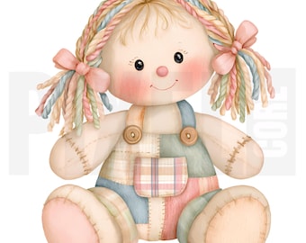 13 imágenes prediseñadas de muñecas de trapo vintage originales, PNG, muñeca infantil caprichosa, ilustración de niña de cuento, creación de tarjetas, scrapbooking, descarga digital