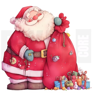 11 Quirky Santa Claus Clipart with Big Red Gift Bag, Christmas Holiday Storybook Illustration, Junk Journal, Card Making, Digital Download