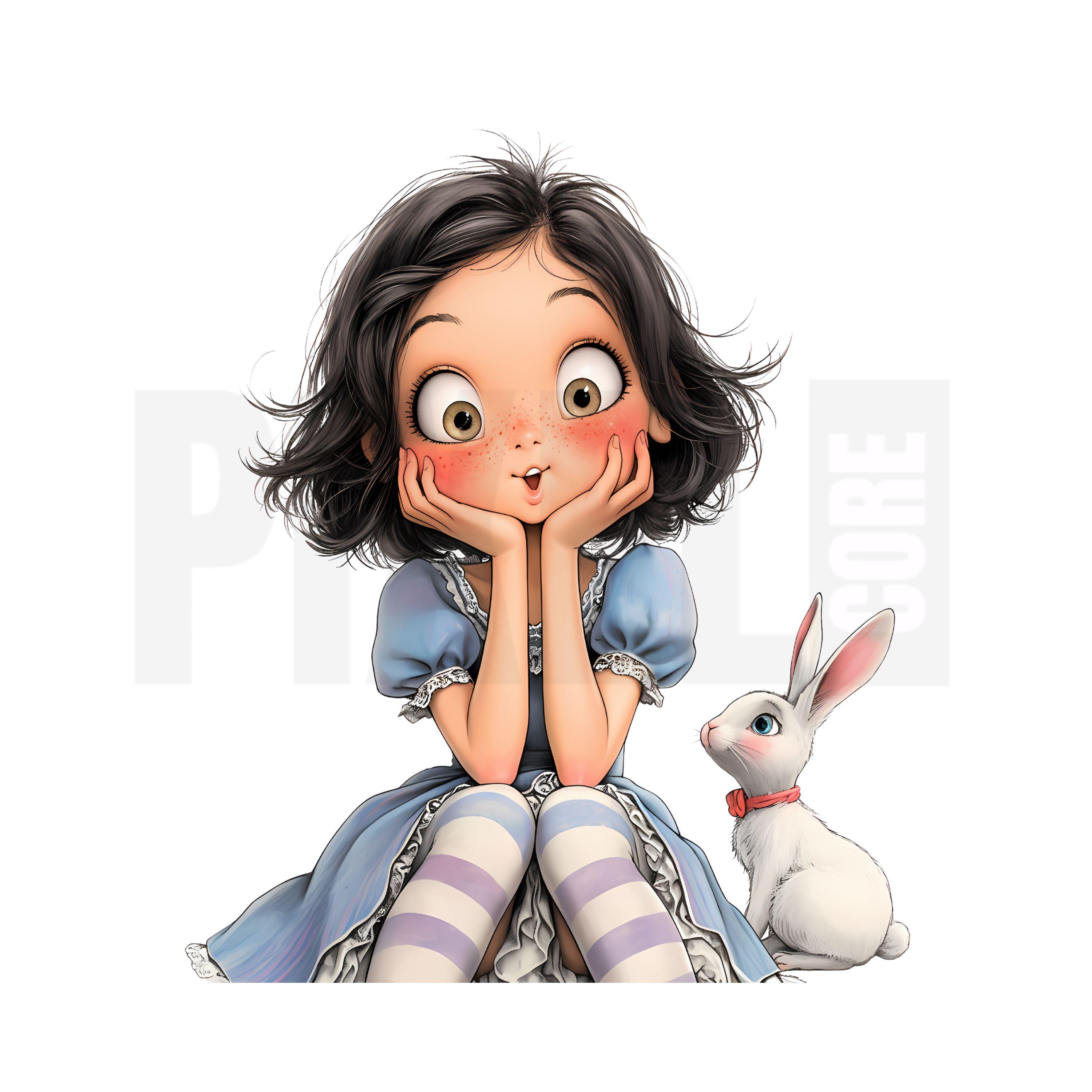 15 Quirky Girl With Rabbit Clipart, Whimsical Cartoon Girl and Bunny ...