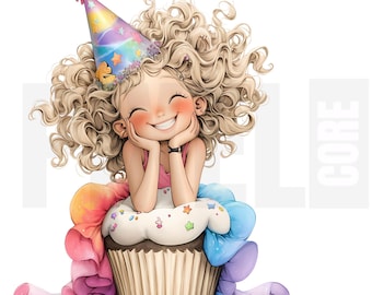 11 Imágenes prediseñadas de cumpleaños de niña peculiares, PNG, ilustración caprichosa de globos de pastel arcoíris, arte de fiesta, diario basura, creación de tarjetas, descarga digital