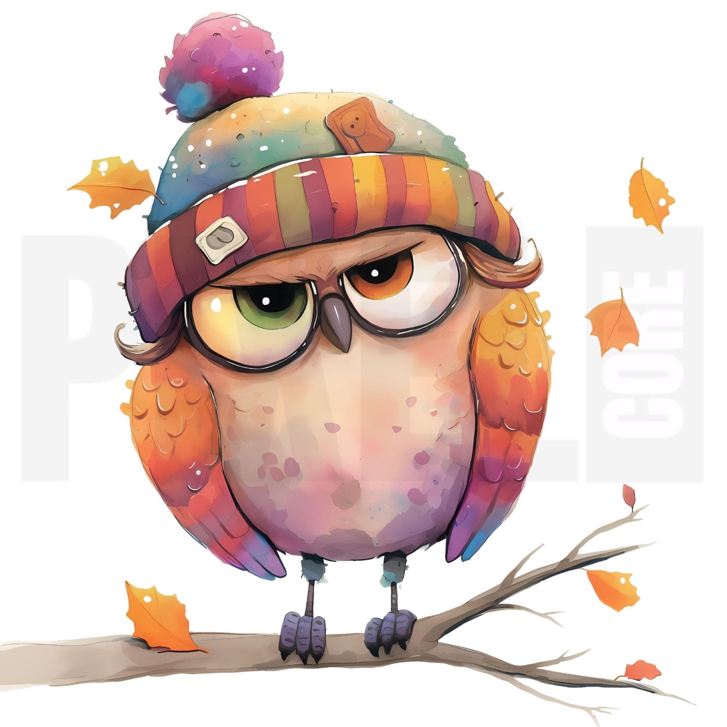11 Quirky Autumn Owl Clipart, PNG, Whimsical Fall Animal Storybook Art, Cozy Woodland Bird, Junk Jou