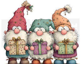 10 peculiares enanitos navideños PNG, adorables gnomos navideños con regalos, ilustraciones originales, creación de tarjetas, diario basura, descarga digital