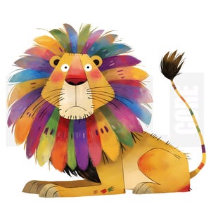 11 Quirky Lion Clipart, PNG, Rainbow Mane Cute Cartoon Illustration, Whimsical Animal, Junk Journal, Scrap book, Paper Craft, Watercolor Art