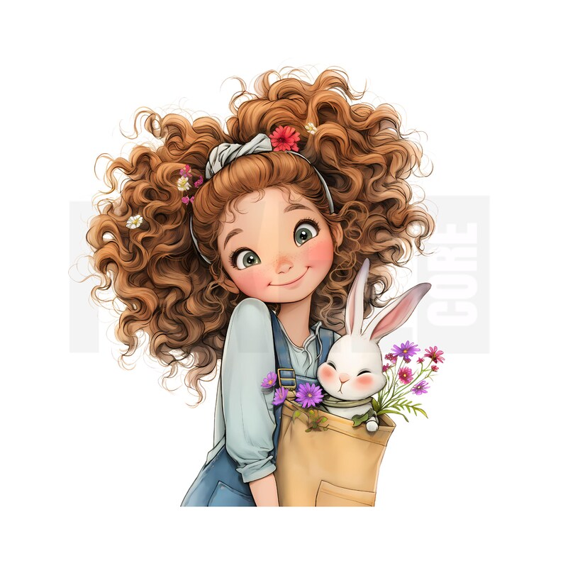 15 Quirky Girl With Rabbit Clipart, Whimsical Cartoon Girl and Bunny ...