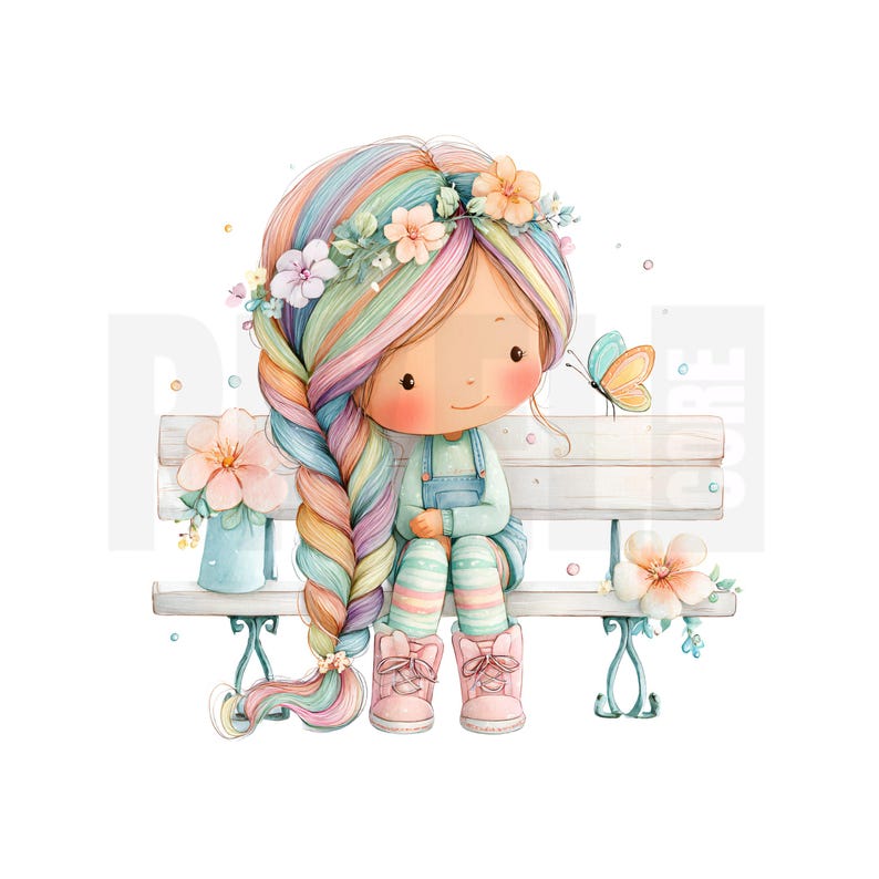 May include: Watercolor illustration of a girl with rainbow hair, wearing overalls, striped socks, and pink boots, sitting on a white bench. A butterfly hovers nearby. Flowers and a vase are also present, creating a whimsical scene.