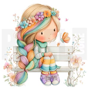 May include: A watercolor illustration of a cartoon girl with blonde hair and rainbow highlights, wearing a flower crown, sitting on a white bench. She wears a teal sweater, striped pants, and purple sneakers. A butterfly hovers nearby. Floral accents surround the bench.