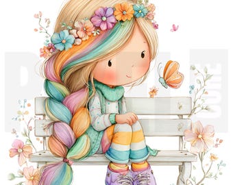 12 imágenes prediseñadas de niña caprichosa con mariposa, PNG, estilo cuento de hadas pastel arcoíris, arte acuarela, diario de recortes, manualidades con papel, descarga digital
