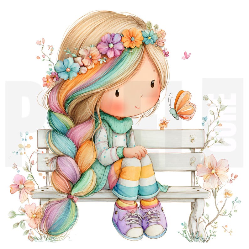 May include: A watercolor illustration of a cartoon girl with blonde hair and rainbow highlights, wearing a flower crown, sitting on a white bench. She wears a teal sweater, striped pants, and purple sneakers. A butterfly hovers nearby. Floral accents surround the bench.