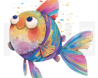 12 imágenes prediseñadas de peces peculiares, PNG, acuarelas coloridas y caprichosas, arte de cuentos, creación de tarjetas, manualidades con papel, álbumes de recortes, descarga digital