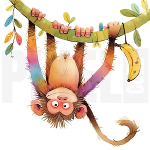 May include: Watercolor illustration of a monkey hanging upside down from a green branch. The monkey has brown fur with rainbow-colored arms and a smiling face. A yellow banana hangs from the branch, and a small blue bird is perched on it.