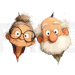 May include: A cartoon illustration of an elderly couple. The woman has her grey hair in a bun and wears round glasses. The man has a white beard and hair. Both have expressive eyes and rosy cheeks, in a cartoon style.