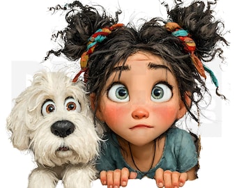 14 Quirky Girl and Dog Peeking Clipart, PNG, Junk Journal, Scrapbook, Paper Craft, Watercolor Illustration, Digital Download, Cardmaking