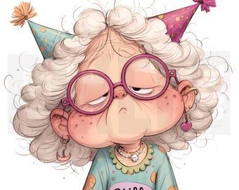 11 eigenzinnige knorrige oma verjaardag clipart, png, grillige oude dame cartoon oma illustratie, junk Journal, kaarten maken, digitale download