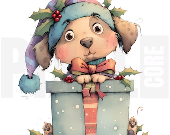 13 imágenes prediseñadas de perros navideños originales en cajas de regalo, PNG, cachorros navideños, ilustración de cuento, scrapbooking, creación de tarjetas, descarga digital